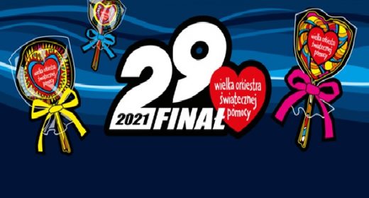 Grafika 29 finału wielkiej orkiestry światecznej pomocy - na granatowym tle biały napis 29 finał obok serduszko orkiestry i trzy kolorowe lizaki również z serduszkiem umieszczone dookoła napisu.