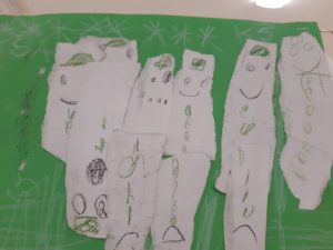 Na zielonym tle przczepiono białe paski papieru z rysunkiem ludzików.