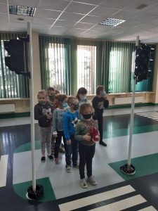 Zdjęcie wykonane na zajęciach w toruńskim WORDzie przedstawia uczniów stojąych w rzędzie i czekających na przejście po pasach.