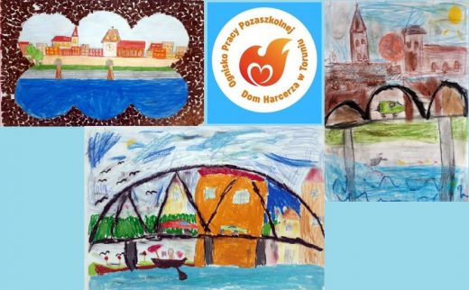 Na niebieskim tle umieszczono zdjęcia trzech prac plastycznych oraz logo organizatora konkursu -Dom Harcerza w Toruniu.