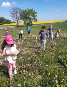 Dzieci zbierają na łące kwiatki. W tle widać pojedyncze drzewa.