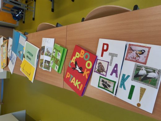 Zdjęcie przedstawia dwie złączone ławki na których ułożono lapbooki o ptakach wykonane przez uczniów.