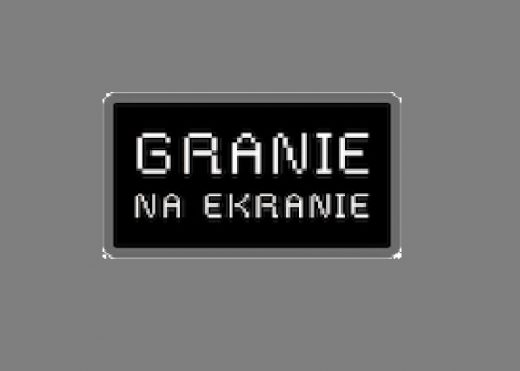 Grafika na szarym tle umieszczono czarny prostokąt, a w środku biały napis drukowanymi literami " GRANIE NA EKRANIE".