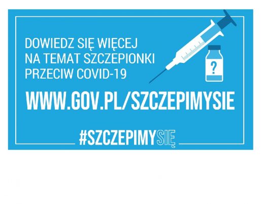 Oficjalne logo rządowe zachęcające do szczepienia przeciw covid - 19. Na niebieskim tle umieszczono białą strzykawkę i fiolkę ze znakiem zapytania a obok napis "DOWIEDZ SIĘ WIĘCEJ NA TEMAT SZCZEPIONKI PRZECIW COVID - 19 WWW.GOV.PL/SZCZEPIMYSIE". Logo uzupełnia biała ramka przecięta na dole napisem "#SZCZEPIMYSIĘ".
