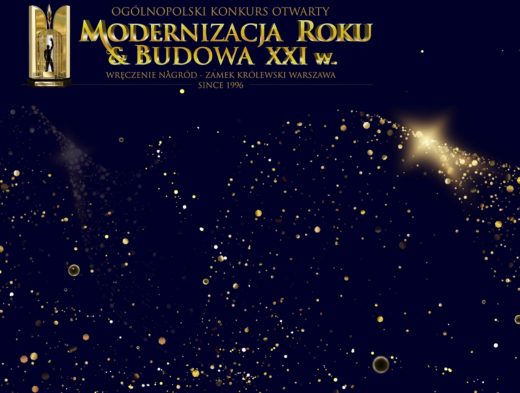 Grafika przedstawia złote kropki przypominające gwiazdy umieszczone na granatowym tle, a nad nimi mnapis: "OGÓLNOPOLSKI KONKURS OTWARTY MODERNIZACJA ROKU & BUDOWA XXI W. WRĘCZENIE NAGRÓD - ZAMEK KRÓLEWSKI WARSZAWA SINCE 1996".
