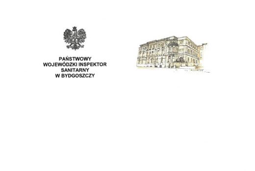Po lewej stronie Godło Polski z podpisem "PAŃSTWOWY WOJEWÓDZKI INSPEKTOR SANITARNY W BYDGOSZCZY" a po prawej rycina budynku.