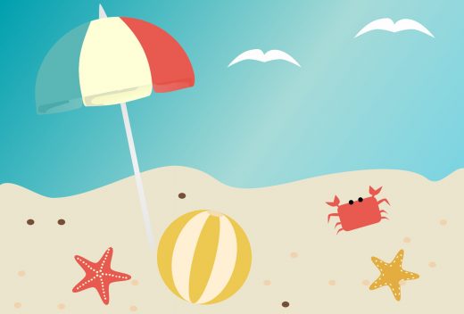 Grafika przedstawiająca plażę i niebo. Na plaży kolorowa piłka , dwie rozgwiazdy, parasol przeciwsłoneczny oraz krab.
