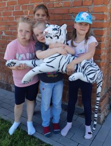 Cztery dziewczynki z oddziału przedszkolnego pozują do zdjęcia z trzymaną dużą maskotką białego tygrysa w czarne prążki.
