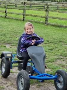 Dziewczynka siedzi na małym pojeździe przypominającym traktor. Zdjęcie wykonane na zielonym pastwisku.