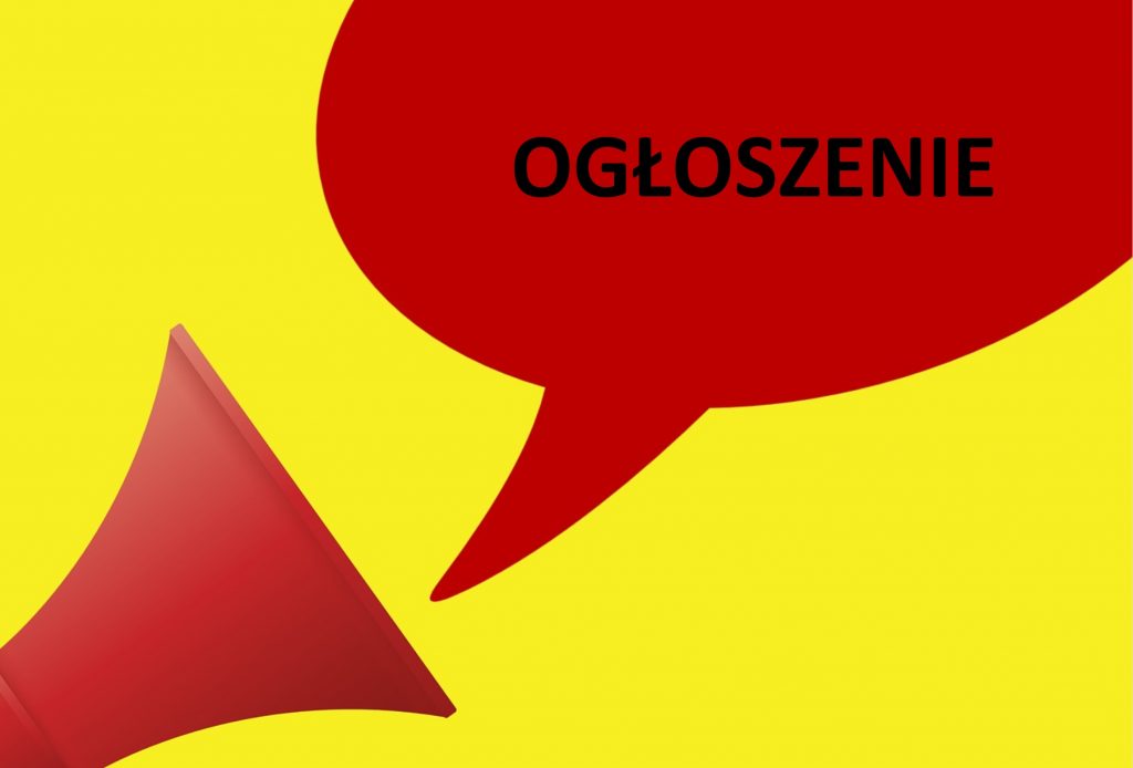 Na żółtym tle grafika czerwonego megafonu a nad nim czerwona chmurka z napisem ogłoszenie
