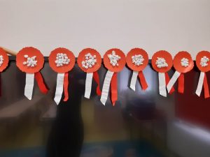 Zdjęcie bialo czerwonych kotylionów wykonanych przez uczniów oddziału przedszkolnego. Kotyliono ustawiono w jednym rzędzie i przyczepiono do czarnej ramki.