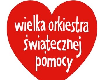 W czerwonym sercu napis "wielka orkiestra świątecznej pomocy" - logo akcji.