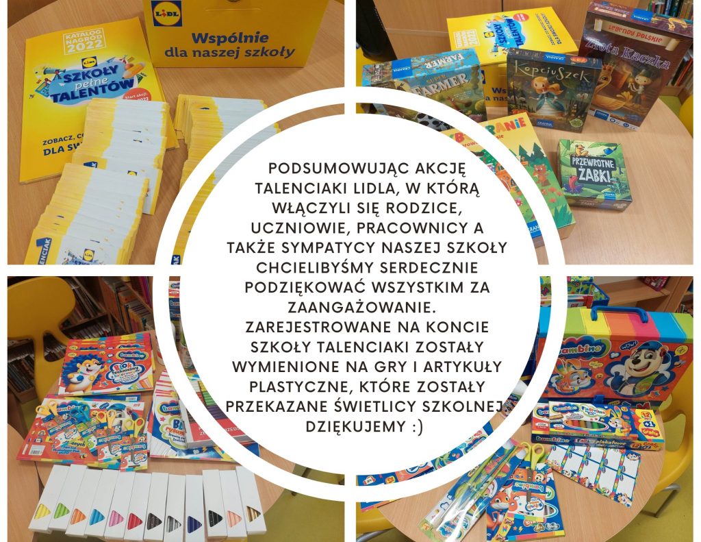 Grafika wykonana z połączenia czterech zdjęć z umieszczonym po środku białym kółkiem z tekstem: "Podsumowując akcję Talenciaki Lidla, w którą włączyli się rodzice, uczniowie, pracownicy a także sympatycy naszej szkoły chcielibyśmy serdecznie podziękować wszystkim za zaangażowanie. Zarejestrowane na koncie szkoły talenciaki zostały wymienione na gry i artykuły plastyczne, które zostały przekazane świetlicy szkolnej. Dziękujemy :)". Zdjęci umieszczone w grafice przedstawiają- w lewym górnym rogu zebrane kupony oraz pudełko w którym były zbierane; w lewym i prawym dolnym rogu przybory plastyczne wymienione za talenciaki, w prawym górnym rogu gry wymienione za talenciaki.