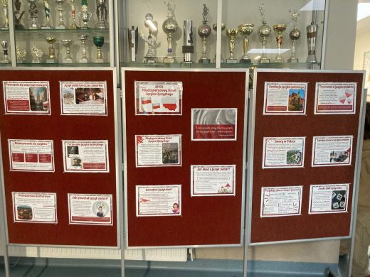 Zdjęcie gazetki przygotowanej z okazji Dnia Języka Polskiego. Na czerwonym tryptyku przyczepiono kartki z informacjami o języku polskim wzbogacone o zdjęcia i grafiki. Zdjęcie wykonane z oddali.