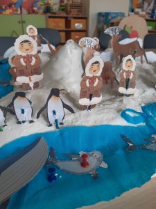 Zbliżenie na makietę zimowej krainy. Na zdjęciu widać ustawione na makiecie papierowe figurki eskimosów, pingwinów, fok.