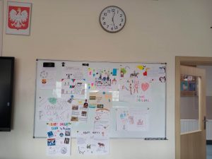 Zdjęcie białej tablicy z przyczepionymi pracami uczniów przedstawiającymi ich zainteresowania.