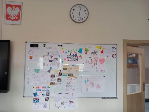 Zdjęcie białej tablicy z przyczepionymi pracami uczniów przedstawiającymi ich zainteresowania.