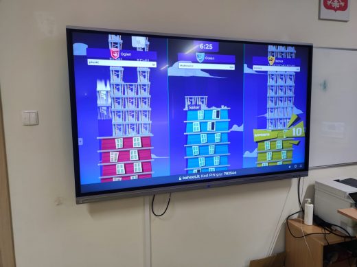 Zdjęcie monitora zawieszonego na ścianie na którym wyświetla się rozwiązywany przez uczniów quiz.