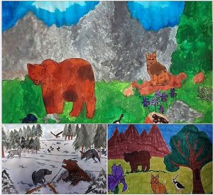 Kolaż wykonany z nagrodzonych trzech prac plastycznych. Prace przedstawiają zwierzęta w ich naturalnym środowisku.