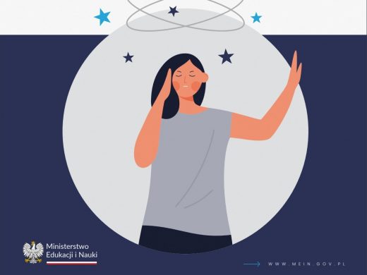 Granatowy pas z grafiką kobiety trzymającej dłoń przy skroni i gwiazdami nad nią. U dołu logo Ministerstwa Edukacji i Nauki.