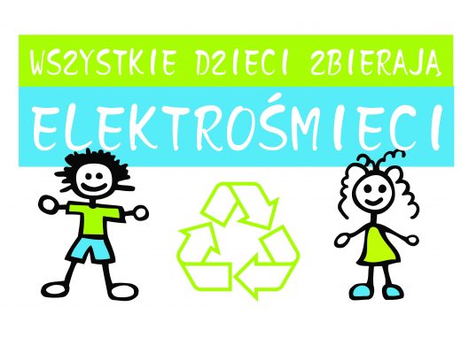 Logo akcji "Wszystkie dzieci zbierają śmieci" Na białym tle zielony i niebieski prostokąt z białym napisem hasła akcji. Poniżej grafiki chłopca i dziewczynki pomiędzy którymi umieszczone jest logo recyklingu.