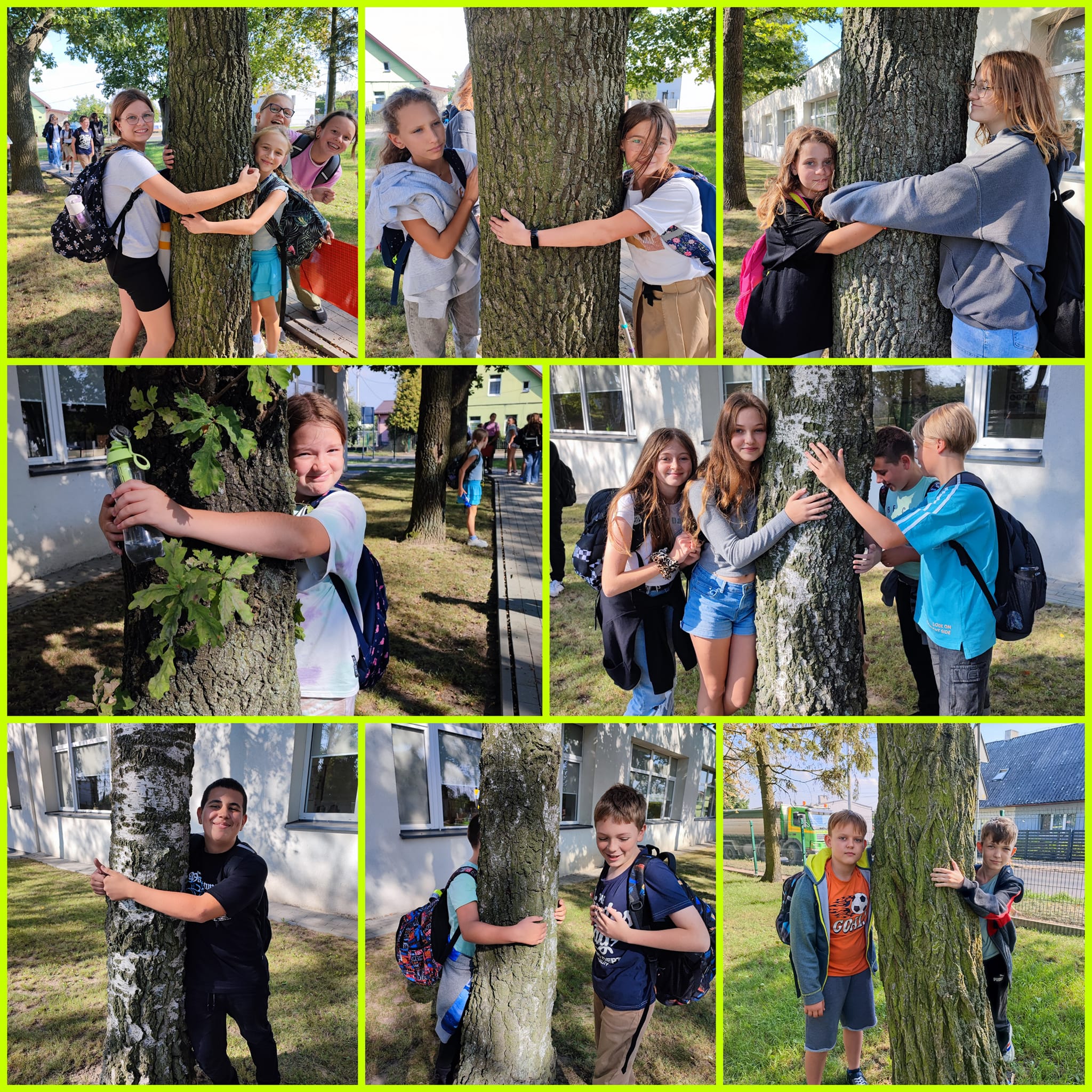 Kolaż ośmiu zdjęć na których uczniowie klasy szóstej pojedynczo lub grupkami przytulają się do drzew.