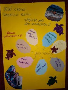 Zdjęcie plakatu ucznia biorącego udział w wyborach do samorządu uczniowskiego. Na żółtym tle przyklejone kolorowe karteczki z napisami oraz zdjęcia wody, odpoczynku i naklejki z żółwiami. U góry napis: "Jeśli chcesz dobrego rządu wybierz mnie do samorządu". Poniżej :"Weronika Chrzanowska kl III" oraz "Moje pomysły otoczone kolorowymi karteczkami z napisami: "SKRZYNKA SKARG I POMYSŁÓW!", "W URODZINY NIE JESTEŚ PYTANY", "WEEKEND BEZ PRAC DOMOWYCH", "DZIEŃ BEZ PLECAKA", "AKCJA CHARYTATYWNA !", "WIĘCEJ KONKURSÓW", "NOCKA W SZKOLE".