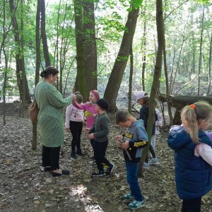 Uczniowie oddziału przedszkolnego stoją w lesie z Panią bibliotekarką. Jedna z uczennic podaje Pani jakiś mały przedmiot. Niektóre z dzieci trzymają w dłoniach liście.