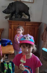 Dwie uczennice oddziału przedszkolnego jedzą lody w kształcie arbuzów w budynku leśniczówki. Widoczna na pierwszym planie dziewczynka patrzy wprost w obiektyw aparatu.