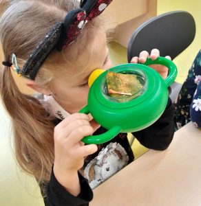 Uczennica trzyma w dłoniach zielone urządzenie, które przykłada do jednego oka. Dzięki urządzeniu widzi w powiększeniu umieszczony w nim liść drzewa.