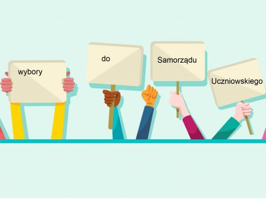Na jasnozielonym tle grafika przedstawiająca wyciągniete w górę ręce z tabliczkami na których po kolei umieszczono napisy "wybory" "do" "Samorządu" "Uczniowskiego"