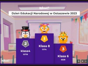 Zdjęcie wyników konkursu - zrzut ekranu komputera. Na kolorowym tle przedstawiającym klasą trzy podia. Nad nimi napis: 'Kahoot! Dzień Edukacji Narodowej w Ostaszewie 2023". Nad podiami grafiki zwierzątek a poniżej od lewej strony "2 klasa 4 10718", "1 klasa 8 11774", "3 klasa 6 6528".