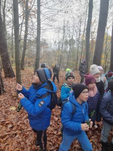 Uczniowie stoją w lesie i przyglądają się otaczającej ich przyrodzie.