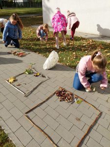 Uczniowie kucają na chodniku przy szkole i w ramkach ułożonych z patyków tworzą przy przy użyciu szyszek i orzechów. Część dzieci wybiera na trawniku potrzebne do pracy dary jesieni.