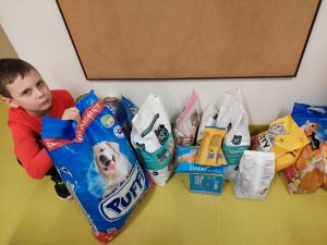 Uczeń kuca przy ustawionych na podłodze torbach z karmą dla zwierząt.