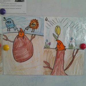 Zdjęcie dwóch rysunków zawieszonych obok siebie. Na pierwszym widoczny jest wzrost korzeni, gdy świeci słońce i pada deszcz, a na kolejnej pracy z korzeni wyrasta kwiatek.