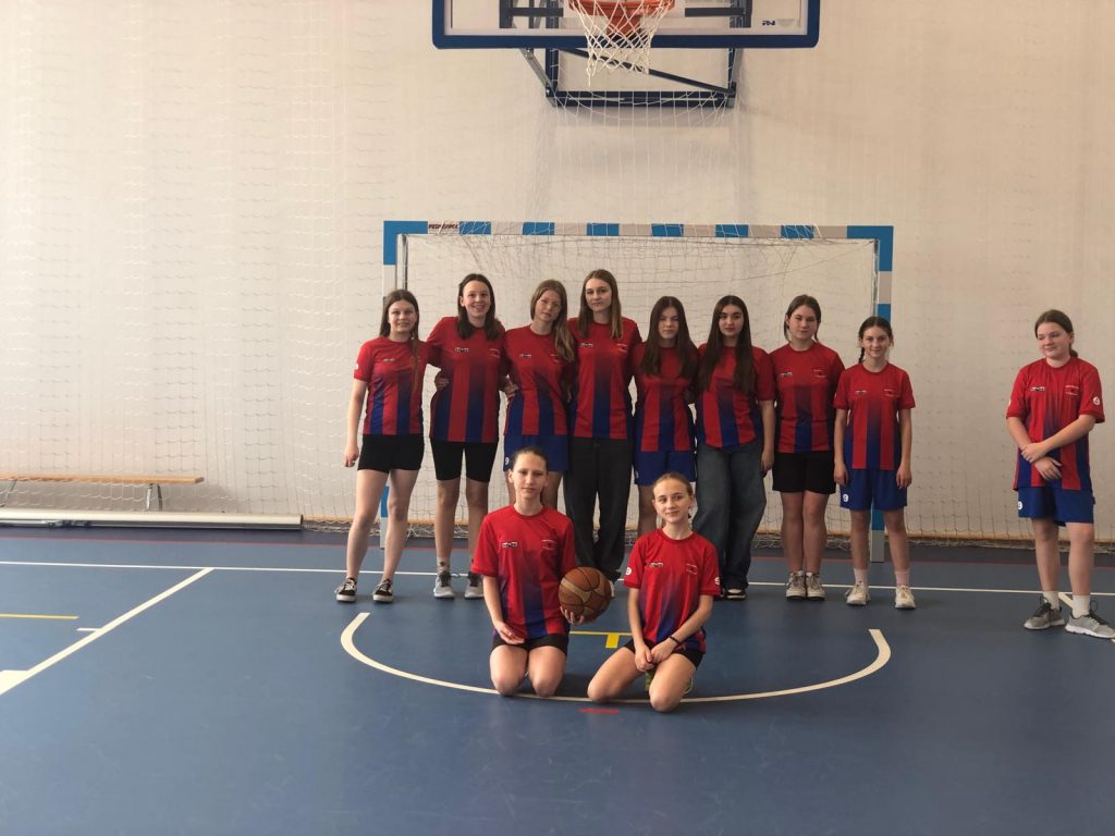 Uczennice reprezentujące szkołę w zawodach pozują do wspólnego zdjęci na sali gimnastyczne. Część Dziewczyn stoi obok siebie w świetle bramki, jedna stoi z boku a dwie przed nimi kucają na podłodze. Jedna z uczennic trzyma w dłoni piłkę.