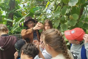 Uczniowie stoją na przeciwko przewodnika, który trzyma nad ich głowami kokos.