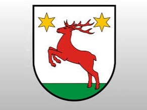 logo gminy Łysomice przestawiające czerwonego jelenia z uniesionymi w górę przednimi łapami. Obok jego rogów po obu stronach umieszczone są żółte gwiazdki.