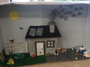 Zdjęcie makiety wykonanej przez ucznia o tematyce związanej z zanieczyszczeniem Ziemi. Na makiecie widoczny jest domek z komin, z którego unosi się szary dym. Obok domku leżą porozrzucane śmieci.