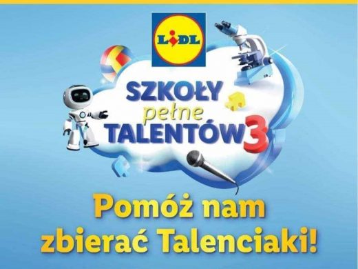 Na niebieskim tle u góry logo sieci LIDL a poniżej na grafice chmury ozdobionej grafikami robota, mikroskopu, piłki i mikrofonu napisy: 'SZKOŁY PEŁNE TALENTÓW 3". Poniżej żółty napis "Pomóż nam zbierać Talenciaki!".
