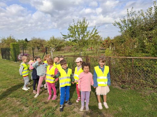 Dzieci z oddziału przedszkolnego pozują do zdjęcia stojąc przy płocie za którym widoczne są działki osadzone drzewami owocowymi. Dzieci stoją w parach. Część z nich ma na sobie odblaskowe kamizelki.
