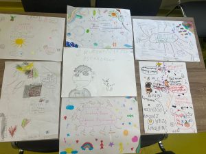 Zdjęcie ułożonych na stole prac uczniów wykonanych z okazji Światowego Dnia Zdrowia Psychicznego.