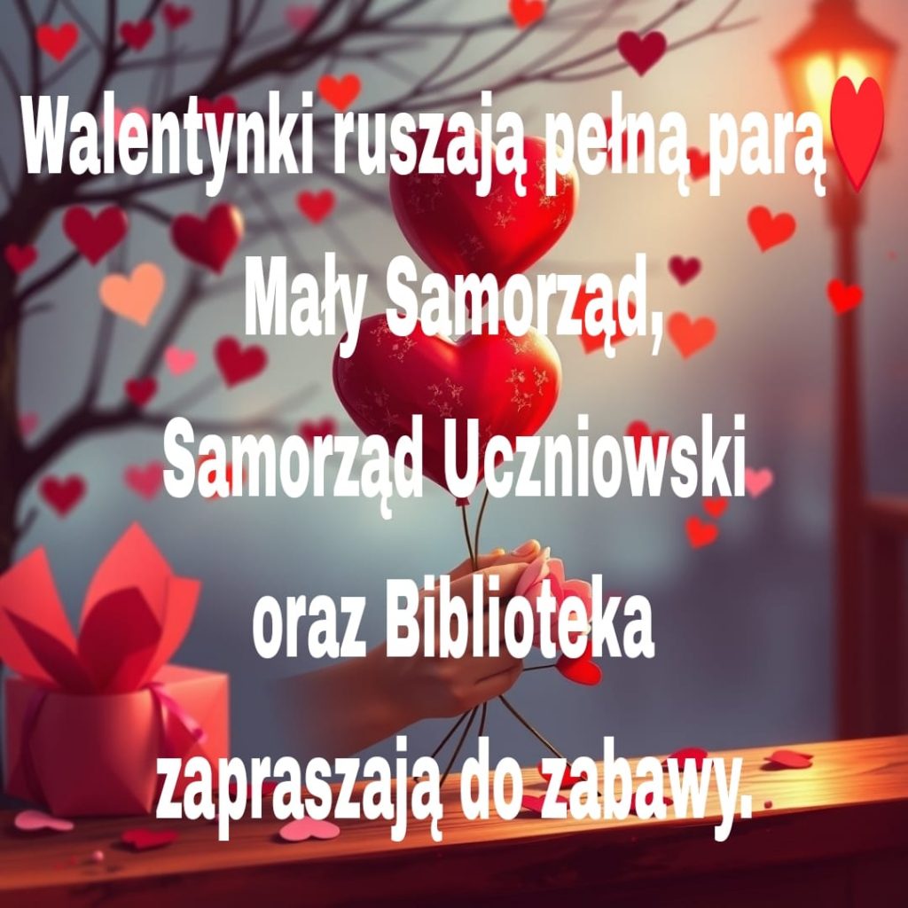 Na tle grafiki w serduszka biały napis "Walentynki ruszają pełną parą, Mały Samorząd, Samorząd Uczniowski oraz Biblioteka zapraszają do zabawy."