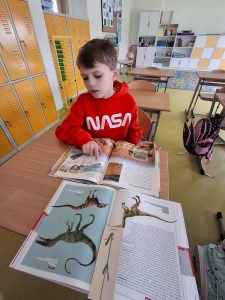 Uczeń klasy drugiej siedzi przy stoliku, na którym rozłożone są dwie otwarte książki o dinozaurach. Chłopiec śledzi tekst jednej z nich dotykając ją wskazującym palcem.