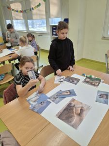 Przy dużym stole, na którym leży duża kartka papieru zakryta zdjęciami fok znajdują się dwie uczennice klasy drugiej. Jedna z dziewczynek patrzy w stronę zdjęć, a druga zasłaniająca prostokątnym przedmiotem część twarzy, w stronę obiektywu.
