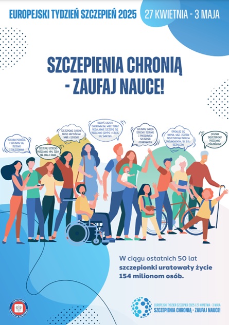 Plakat promujący europejski tydzień szczepień. U góry napis: "EUROPEJSKI TYDZIEŃ SZCZEPIEŃ 2025 27 KWIETNIA - 3 MAJA". Poniżej napis: "SZCZEPIENIA CHRONIĄ - ZAUFAJ NAUCE!". Poniżej umieszczona jest grafika stojących i siedzących ludzi stłoczonych blisko siebie a nad nimi dymki z ich wypowiedziami dotyczących szczepień. Pod grafika po prawej stronie umieszczony jest napis "W ciągu ostatnich 50 lat szczepionki uratowały życie 154 milionom osób.". U dołu logo Europejskiego Tygodnia Szczepień wraz z hasłem "SZCZEPIENIA CHRONIĄ - ZAUFAJ NAUCE!".