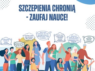 Fragment plakatu promującego szczepienia. U góry niebieski napis: "SZCZEPIENIA CHRONIĄ - ZAUFAJ NAUCE!". Poniżej umieszczona jest grafika stojących i siedzących ludzi stłoczonych blisko siebie a nad nimi dymki z ich wypowiedziami dotyczących szczepień.