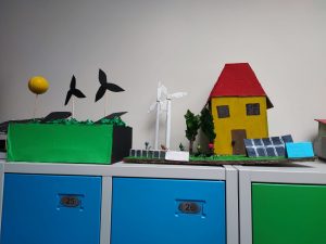 Zdjęcie makiety przedstawiającej żółty dom z czerwonym dachem, panele słoneczne, wiatraki, drzewa i ozdobne elementy roślinne. Całość ustawiona na szafkach z kolorowymi drzwiczkami.