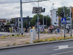 Uczniowie szkoły biorący udział w rajdzie rowerowym przejeżdżają przez pasy na skrzyżowaniu w Toruniu. W tle widać przejeżdżający drogą autobus.